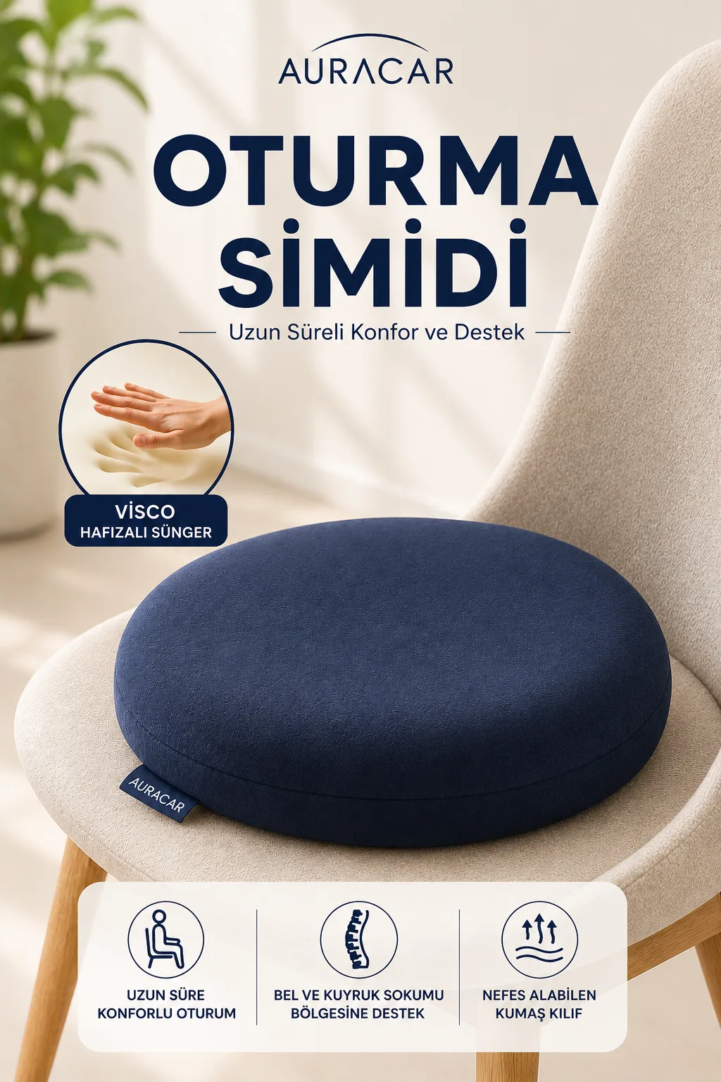 Ortopedik Oturma Simidi Minderi Visco Hafızalı Sünger Kuyruk Sokumu Destek Yastığı Yuvarlak 43x9 cm