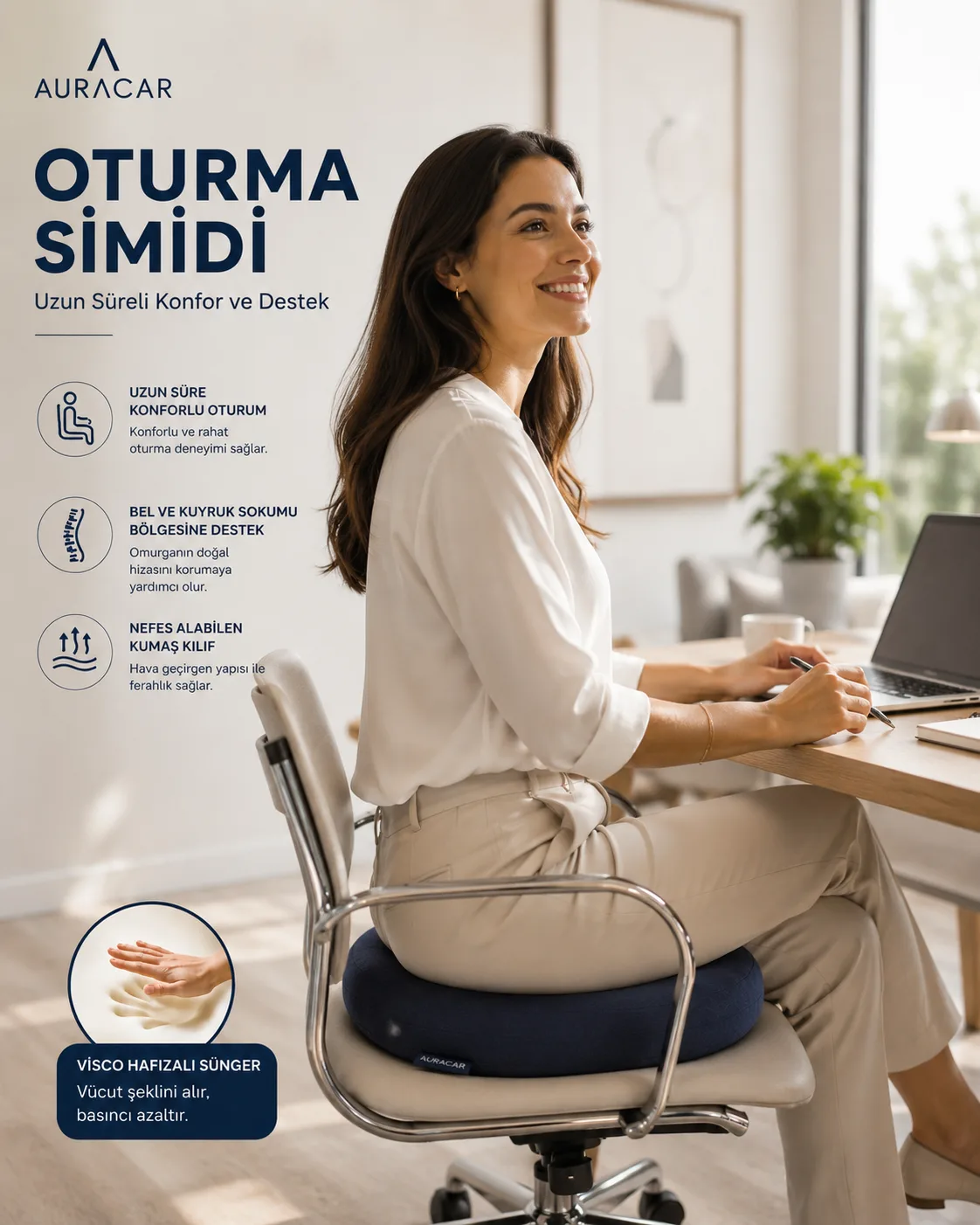 Ortopedik Oturma Simidi Minderi Visco Hafızalı Sünger Kuyruk Sokumu Destek Yastığı Yuvarlak 43x9 cm